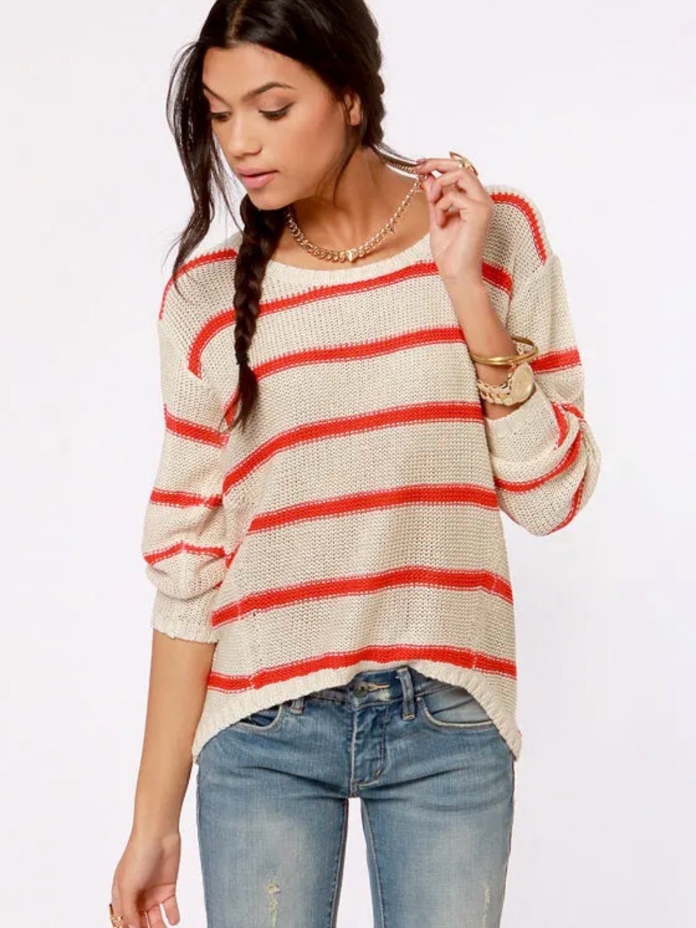 Sonoma Life + Style Orange Striped Open Knit Top Size S